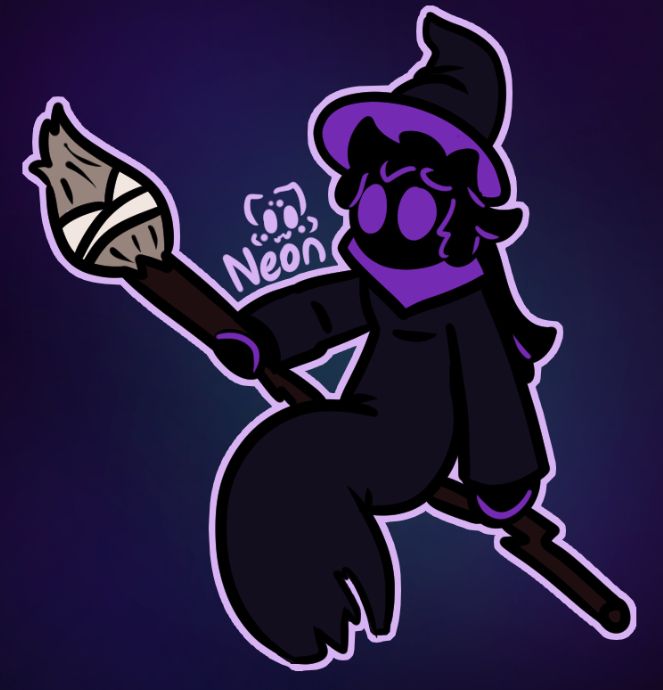 Purple mage in a dark purple robe with a matching pointy hat holding a broom. (the broom is just aesthetic and does nothing for flying)