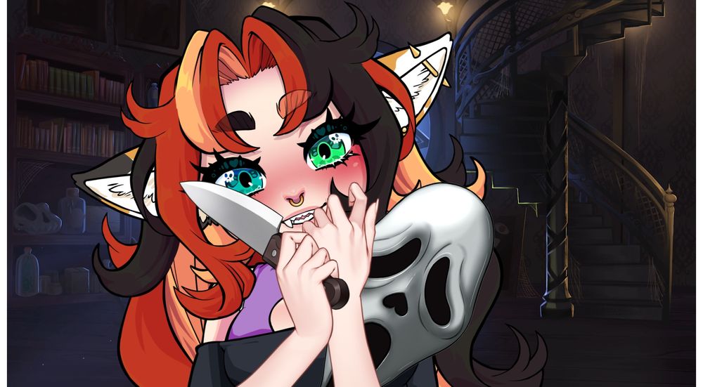 Image of CandiedCalico (a gothic witchy calico cat girl VTuber with blue and green heterochromatic eyes) brandishing a knife and holding a Ghostface mask to her chest. She has a creepy smile across her face. In the background she looks like she’s in an old dusty gothic Victorian home with a large glass window & spiral staircase. 