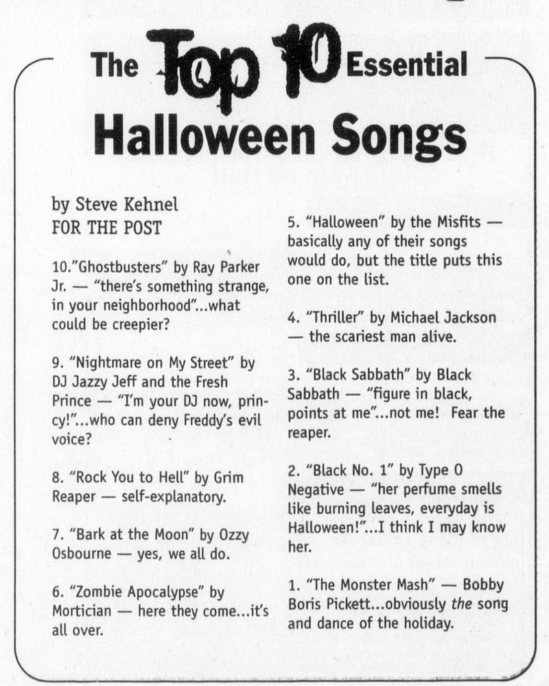 ”The Top 10 Essential Halloween Songs” written by Steve Kehnel. Ohio University Archives, Mahn Center for Archives & Special Collections. 
10. “Ghostbusters” by Ray Parker Jr.
9. "Nightmare on My Street” by DJ Jazzy Jeff and The Fresh Prince.
8. “Rock You to Hell” by Grim Reaper.
7. “Bark at the Moon” by Ozzy Osbourne.
6. “Zombie Apocalypse” by Mortician.
5. “Halloween” by The Misfits.
4. “Thriller” by Michael Jackson.
3. “Black Sabbath” by Black Sabbath.
2. “Black No. 1” by Type O Negative.
1. “The Monster Mash” by Bobby Boris Picket.
