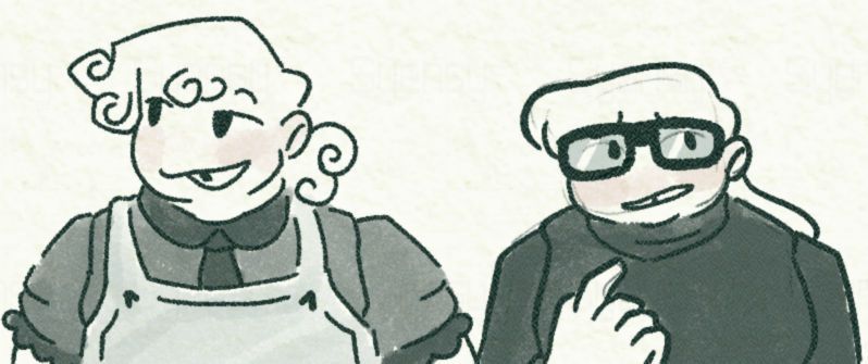 A digital sketch of two elsen; one with curly hair in a ponytail wearing a dress and apron and anotherw ith long hair, goggles, and a sweater. The first is smiling, and the second looks nervous.
