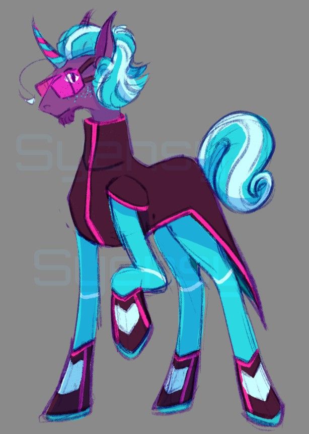 A digital drawing of a purple unicorn with a pink and blue horn, a blue swept back mane and curly tail, blue freckles, and sharp ears. They wear pink goggles, a blue outfit under their coat, black boots with pink and blue accents, and a black coat with pink lining.