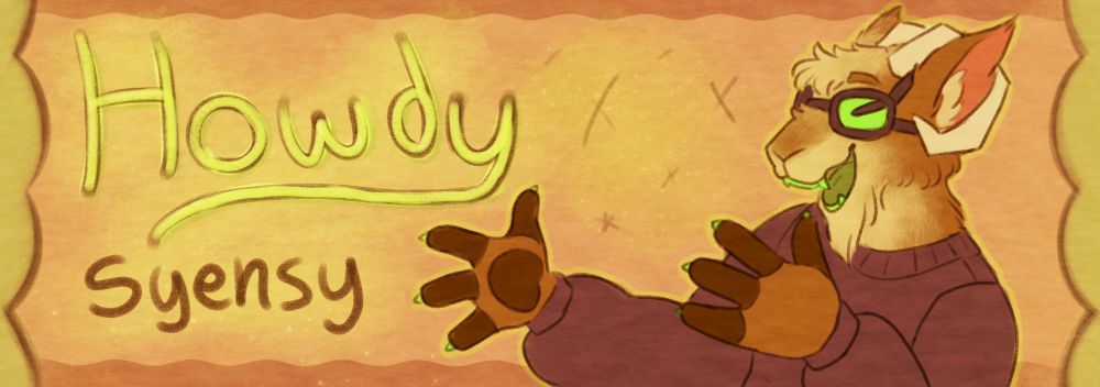 A banner of a brown ram character with a green mouth, blue sweater, white horns, and green goggles smiling and holding out their hands. Text to the left reads "Howdy" and "Syensy."