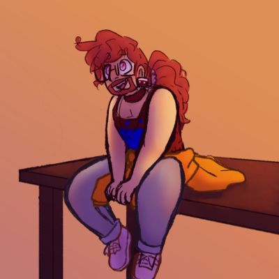 A digital drawing of Loverboy from HLVRV. He has curly brown hair in a long ponytail, pink eyes, facial hair, casette earrings, and glasses, and he wears a choker, a blue heart necklace, a tank top with a blue graphic design, jeans, an orange jacket around his waist, and white sneakers. He sits on a table and looks excited.