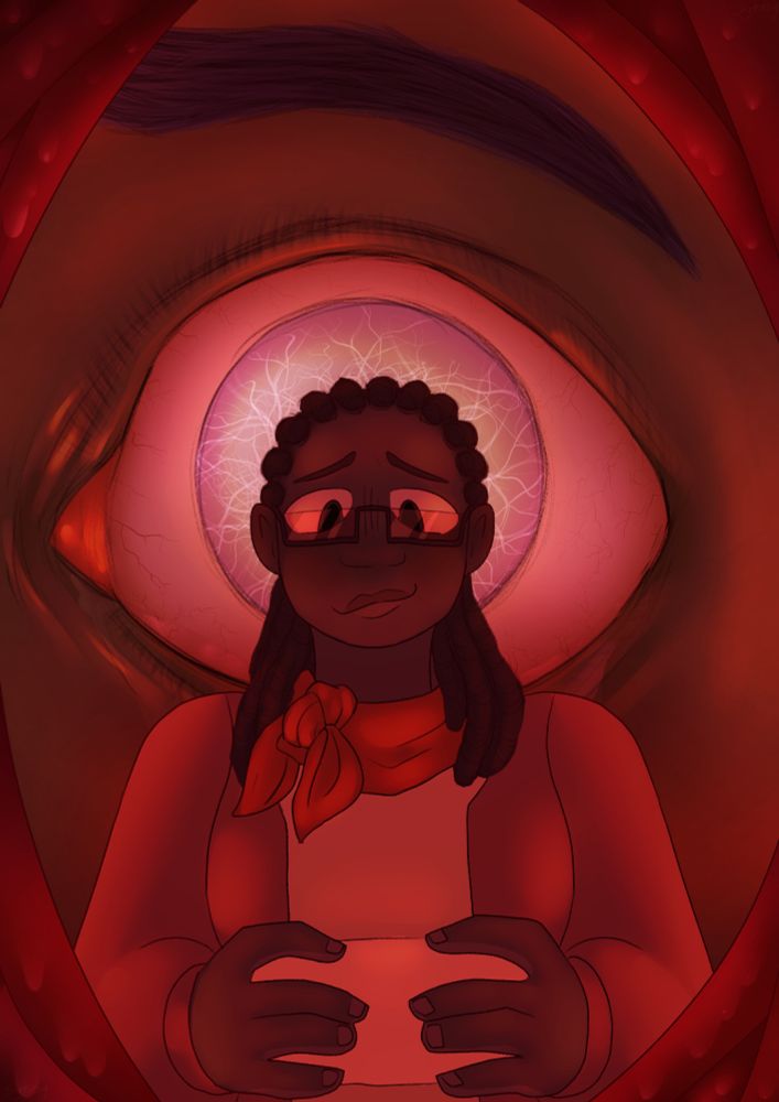 A digital drawing of Rafta holding a letter in front of a closeup of Nestor's eye; Rafta looks hopeful and is smiling as she looks down at the letter, while what can be seen of Nestor's face in the background looks fearful. The piece is bordered by red worms.