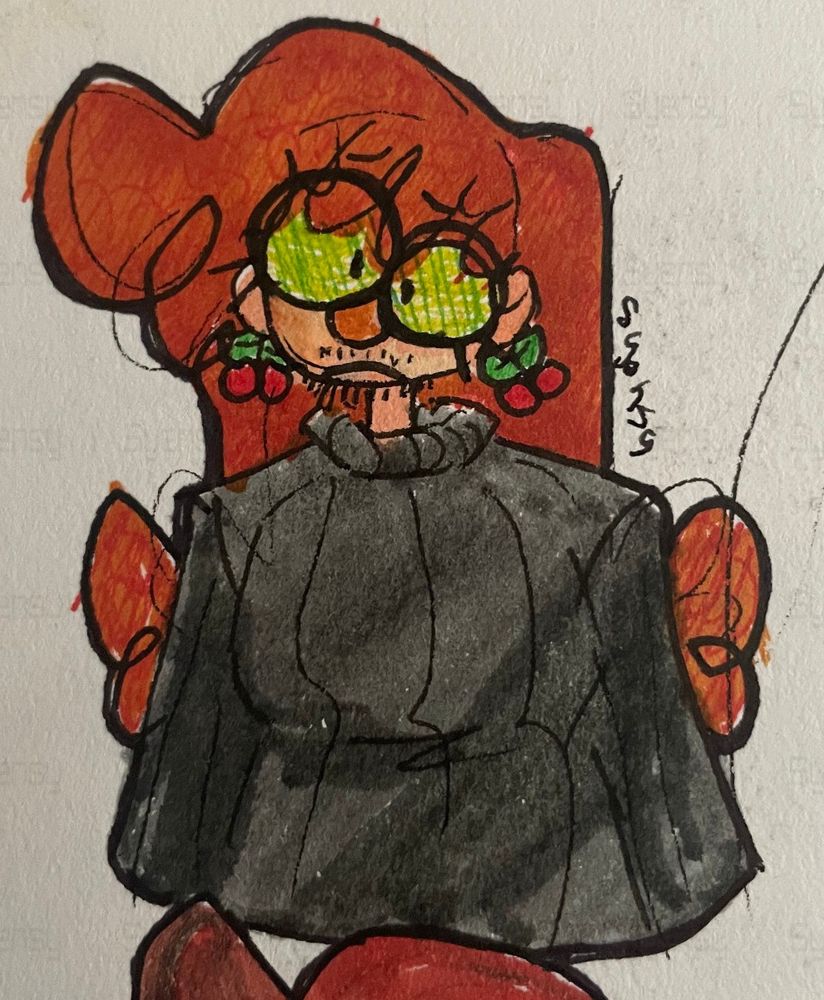 A sketch of a character with long curly orange hair, green circle glasses, cherry earrings, and acne and facial hair wearing a black turtleneck, brown pants, and brown shoes. He looks unsure.