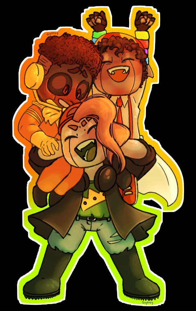 A digital drawing of Darnold, Tommy, and Forzen from Y2KVR in their robot forms. Darnold has tight brown curls and shaved sides, and he wears a yellow headset mic, an orange suit, pants, yellow gloves, and black shoes. Tommy has loose black curls and wears an orange tie, shoes, and suspenders along with a white shirt and labcoat. He has colorful wristbands and black fingerless gloves along with his yellow and red cap. Forzen has long light-brown hair in his face sticking out of a cap, and he wears a green shirt with a crown on it, ripped blue jeans, black boots, black headphones, a black coat with its sleeves rolled up to his elbows, and a red cap. Darnold seems worried, Tommy is cheering, and Forzen is excitedly yelling. All three are blushing.