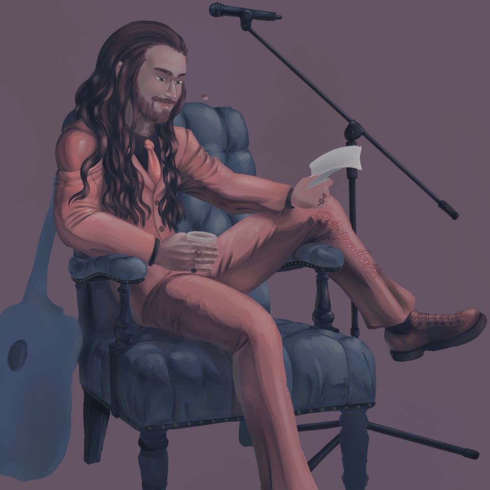work-in-progress painting of letdown. aka blake coddington. he is in a red suit and lounging in a padded blue chair.
