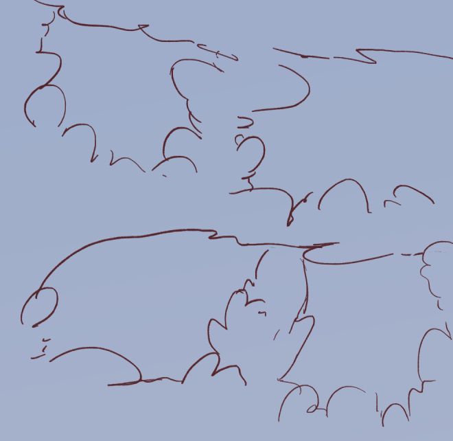 Very rough digital sketch of four comic panels. The panel shapes are irregular, and the borders and gutters combined form cloudy shapes over the panels.