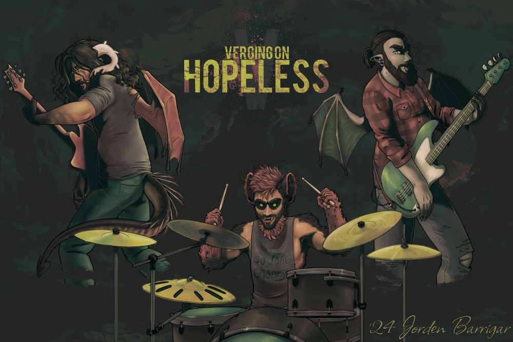 Halloween-themed digital painting of the band Verging on Hopeless. From left to right: Blake Suarez as a demon, Dustin McLean as a werewolf, and Mike Yorks as a vampire.