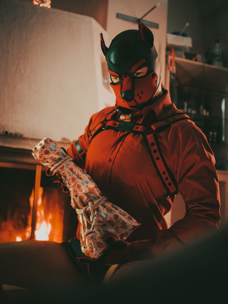 a pup holding a large suspiciously shaped gift in front of the fireplace 