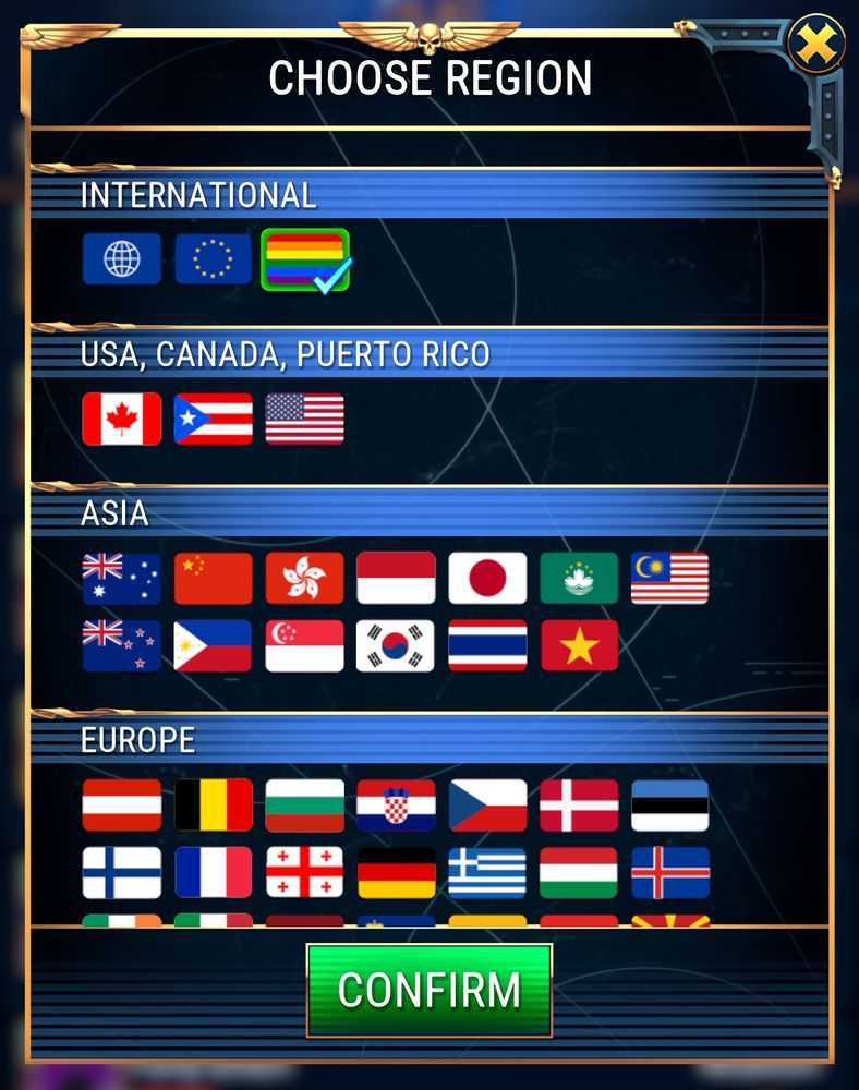 Screenshot showing a nation select screen with the gay pride flag under “international”