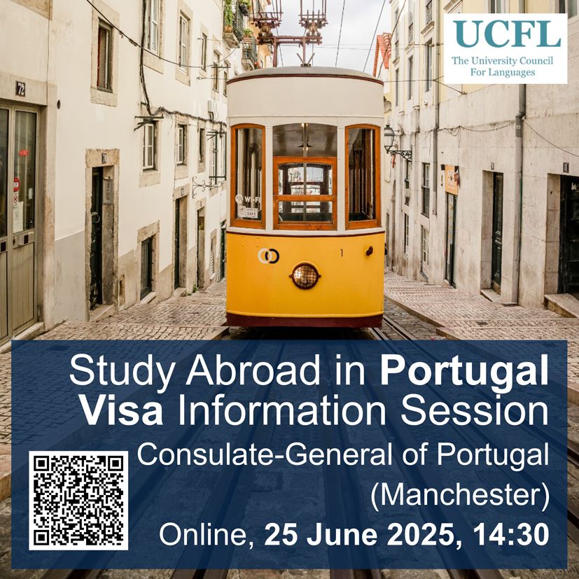 A front view of a yellow tram in a street in Lisbon. There are white houses on both sides of the street. Text says 'Study Abroad in Portugal Visa Information Session, Consulate-General of Portugal (Manchester), Online, 25 June 2025, 14:30. There is a QR code pointing to the registration page for this event, which is https://uofglasgow.zoom.us/meeting/register/LgiVUmFRQz6h3UJIMVFnug