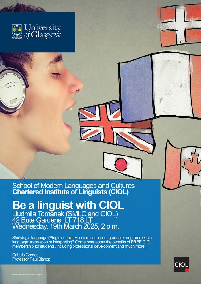A poster for a talk on the benefits of joining a professional organisation for linguists. The poster has a photograph of the face of a young white man, brown hair, with headphones. The face is in profile (side view). The man has an open mouth, as if speaking. From his mouth appear stylised flags of different countries, such as the flag of the United Kingdom, Japan, Canada, France. 