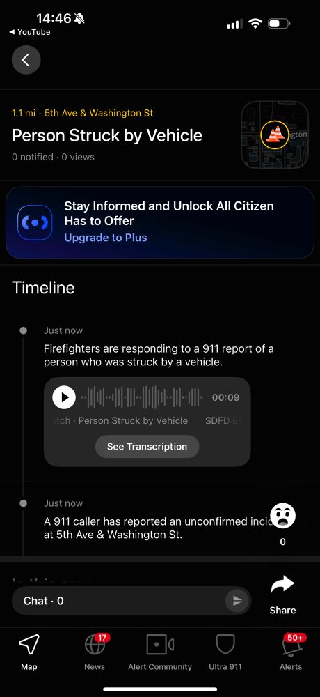 Notification from the Citizen App that states a pedestrian was hit in the Hillcrest neighborhood of San Diego.  #waroncars #sandiego #wedeservebetter 