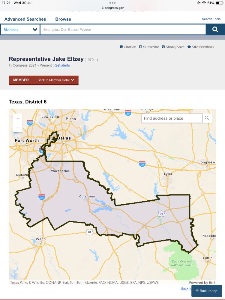 Texas District 6, showing a thin sliver up into the Dallas metro area, with the majority of the district covering the area south of the D/FW metroplex.