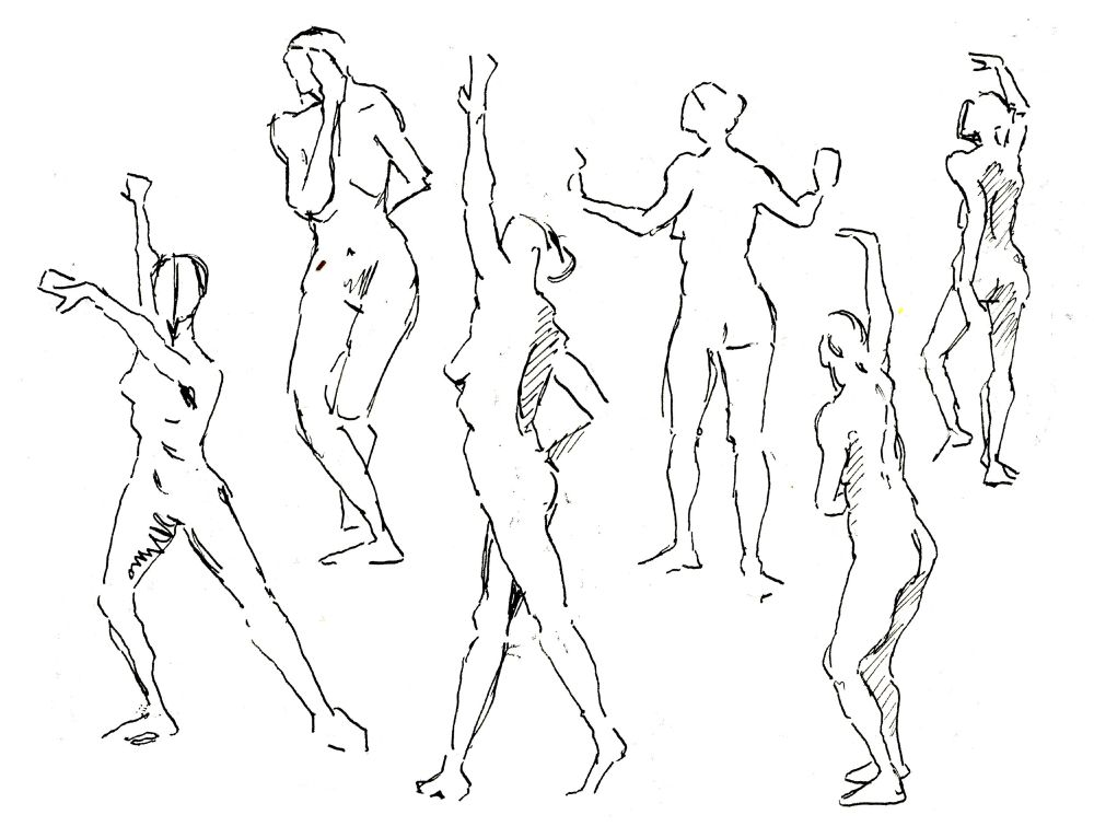 Six quick sketches of Ellen doing ballerina-style poses