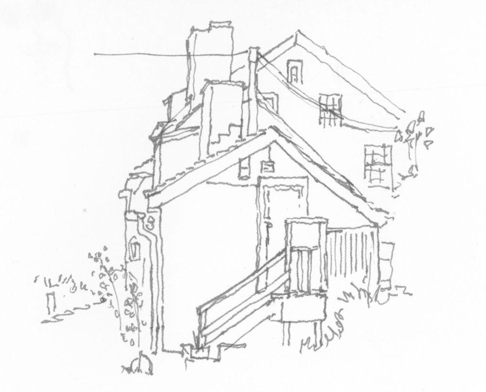 Fountain pen sketch of a house with with stairs leading up to a door and a series of peaked roofs