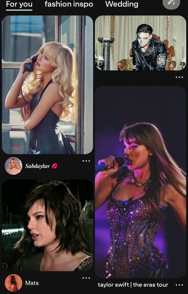 screenshot of Pinterest showing a picture of sabrina carpenter, a Pic of taylor swift at the eras tour, pic of taylor from her csi episode, and a Pic of Andy black from black veil brides