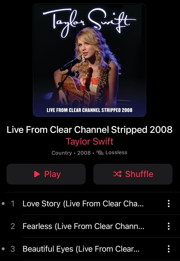 screenshot of apple music showing the live album "live from clear channel stripped 2008"