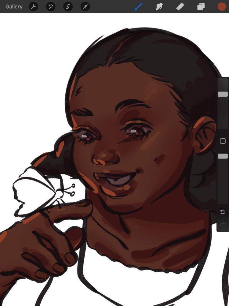 A screenshot of a messy work-in-progress in the Procreate app. The sketch features a smiling Black girl holding a butterfly on her finger.