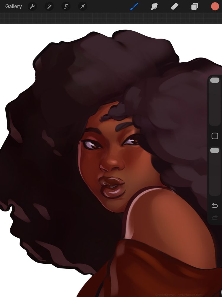 A screenshot of a portrait of a Black woman in the Procreate app. The portrait depicts a Black woman whose face is in slight three-fourths view. She is looking over her shoulder at the viewer with an expression of curiosity. She is wearing a red sweater that is slipping slightly off her shoulder. She has a large afro that is cut off by the cropping.