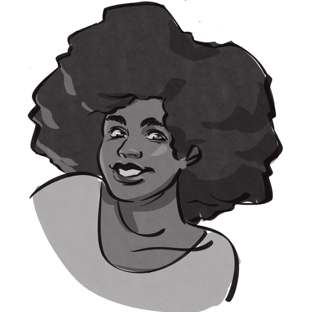 An image featuring a stylized black-and-white sketch of a smiling Black woman. She is wearing an Afro and looking at the viewer with a joyful expression.