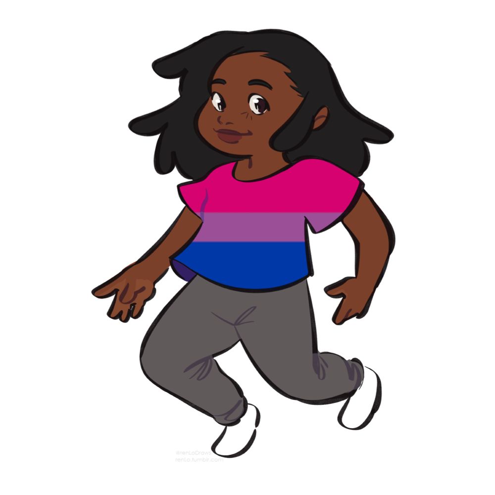 A chibi drawing of a Black woman with locs. She is wearing a loose t-shirt that features the colors of the bi pride flag. She is jumping mid-air and looking at the viewer with a smile.