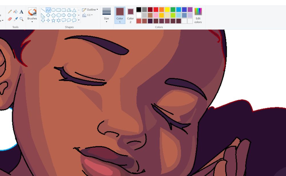 A screenshot of an incomplete drawing in Microsoft Paint. The drawing features a Black woman with closed eyes. She wears a small, dreamy smile.