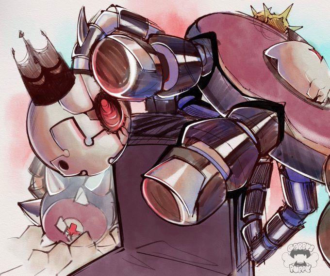 Digital drawing of the machine character "Bedman?" from the Guilty Gear video game series. Character is reaching out towards the camera.