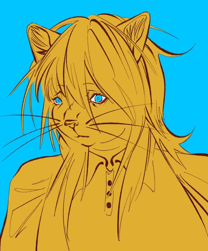 sunflower yellow silhouette style portrait of a humanoid cat character on a light blue background, character's expression is a knowing concern.