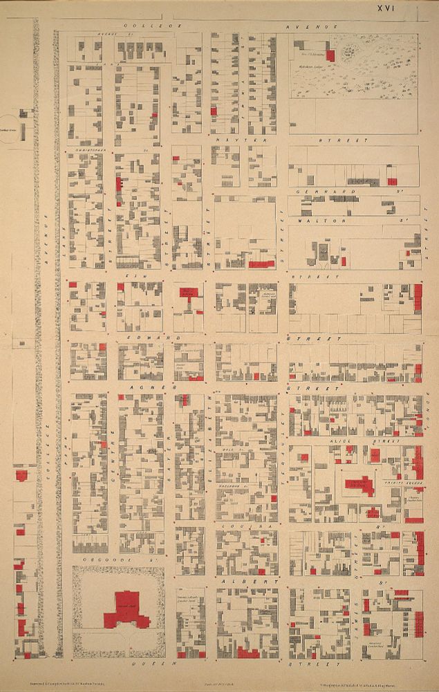 1858 Boulton Atlas Plate bounded by Yonge Street, Queen Street, University Avenue, and College Street
