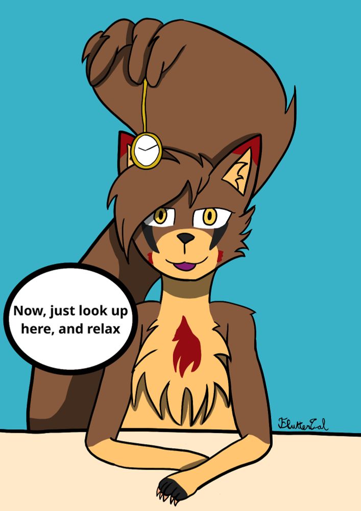 A raquirrel saying "Now, just look up here, and relax" while holding a pocket watch dangling by their tail hand.