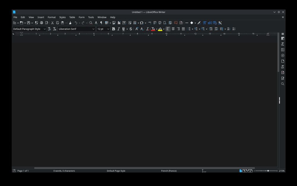 A window of the piece of software LibreOffice Writer in dark mode, with many options on the top and right of the window.