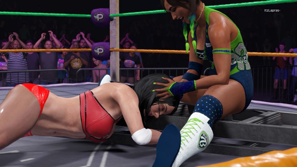 Princess Brightly slamming Renee’s eye onto a ladder with a Brightly Buster