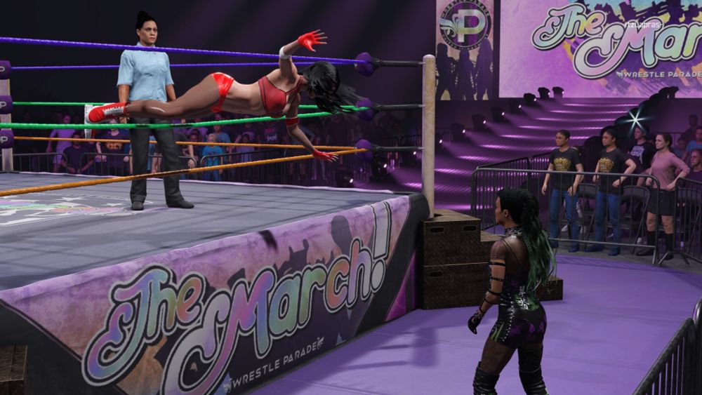 Renee executing a suicide dive towards Cuifen