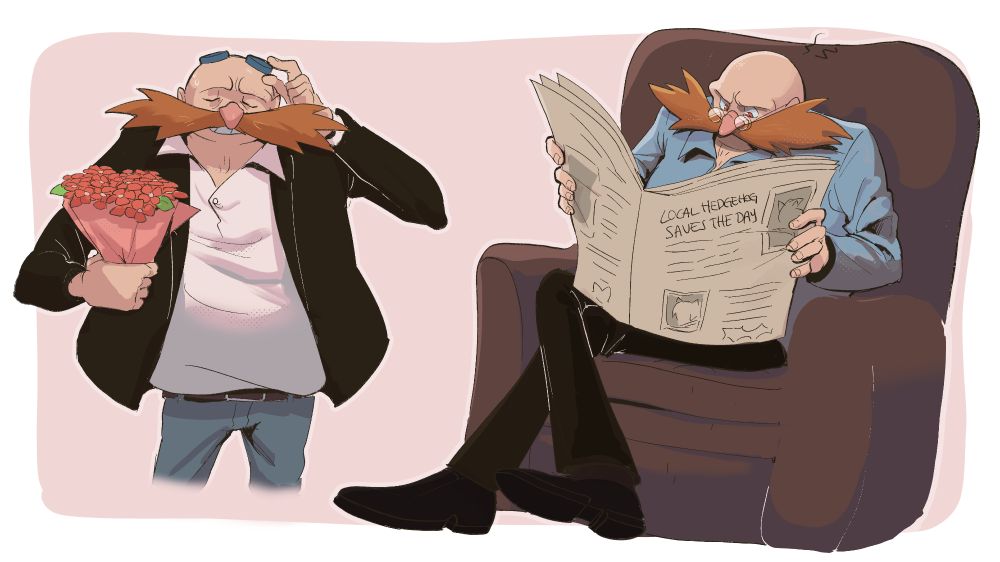 Eggman in casual outfits, left holding flowers and looking nervous while having his glasses on top of his head, right sitting in a comfy chair and reading the newspaper with readinglasses, looking grumpy