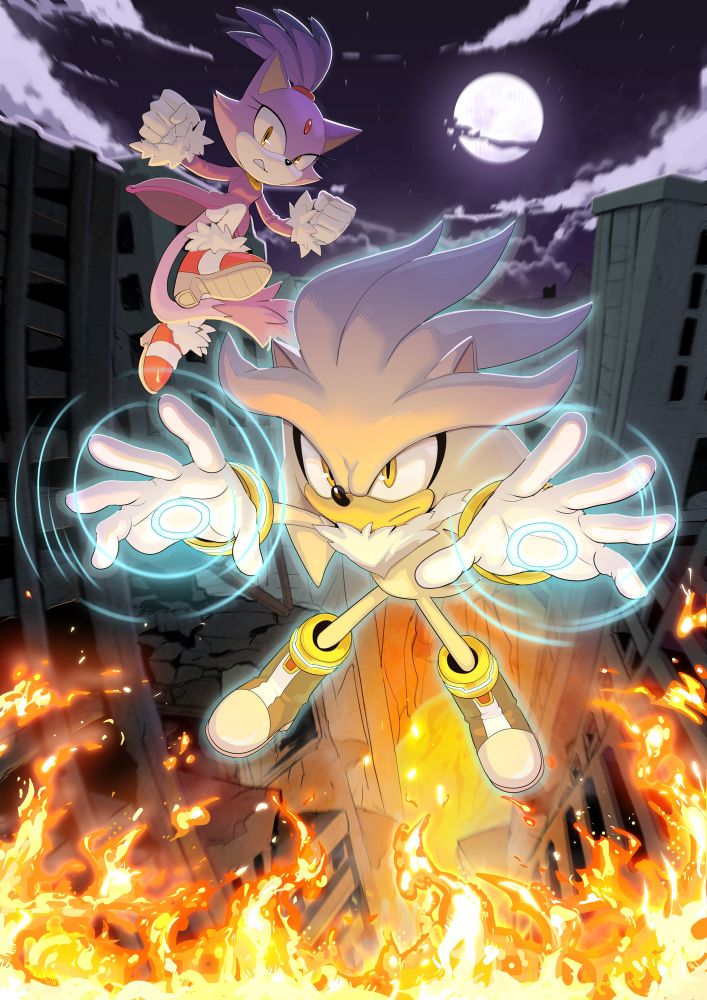 Silver and Blaze between skyscrapes trying to fight the Iblis flames