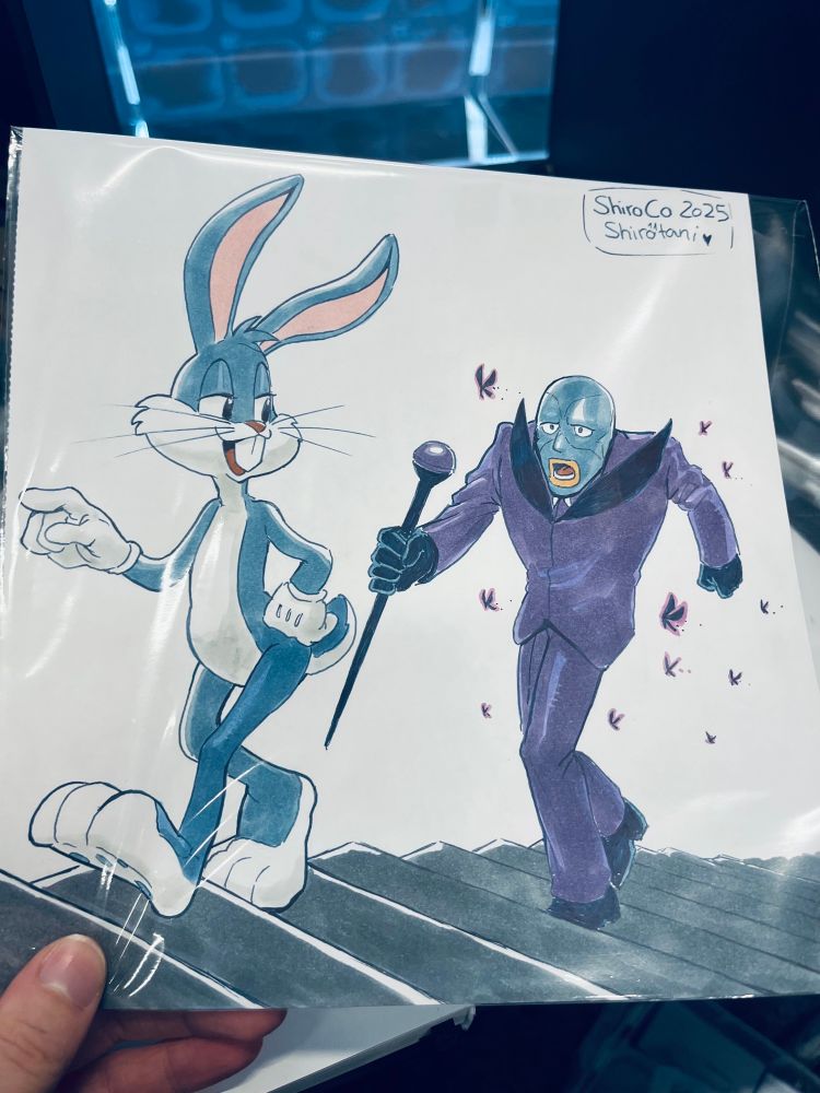 Literally a traditional marker artwork of Bugs Bunny and Hawkmoth walking up stairs