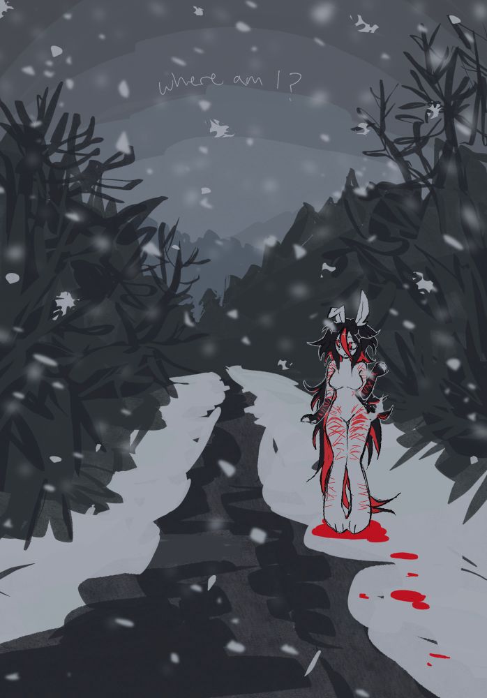 my bunny sona bleeding, standing on the bank of a river. There's rows of tall trees on either side of them. It's snowing. Above them are the words "Where am I?"