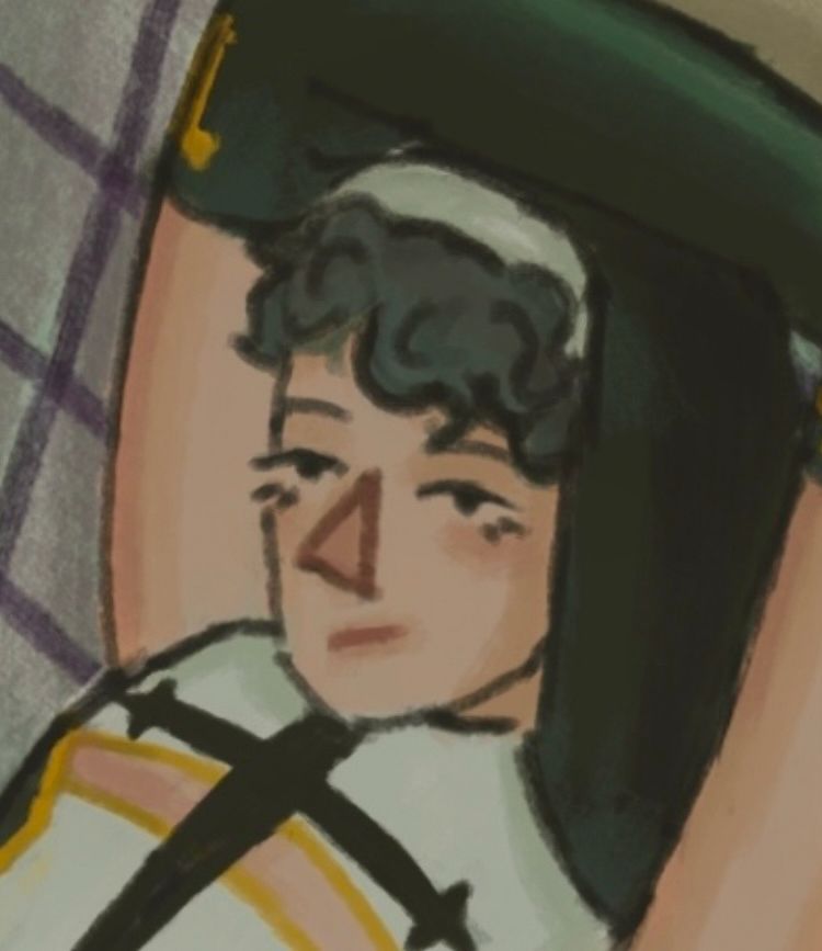 older digital zoomed in drawing of sister daniel in a bathroom stall leaning back on a wall with her arms over her head with a bored or neutral expression