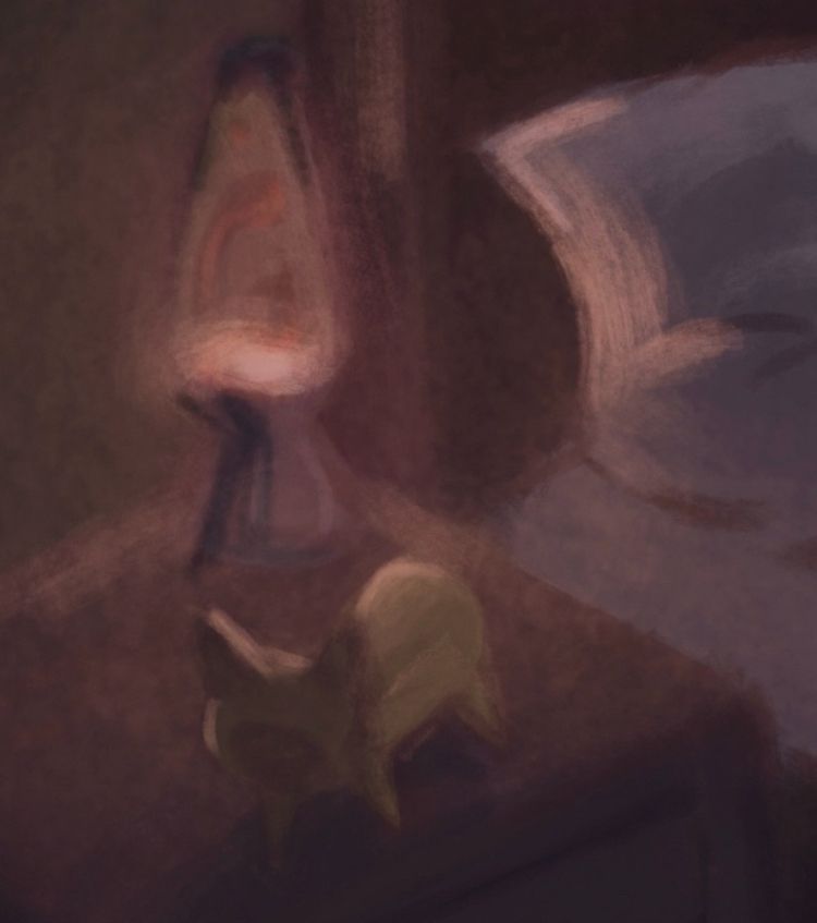 closeup of phils night stand with a lava lamp and little golden pig