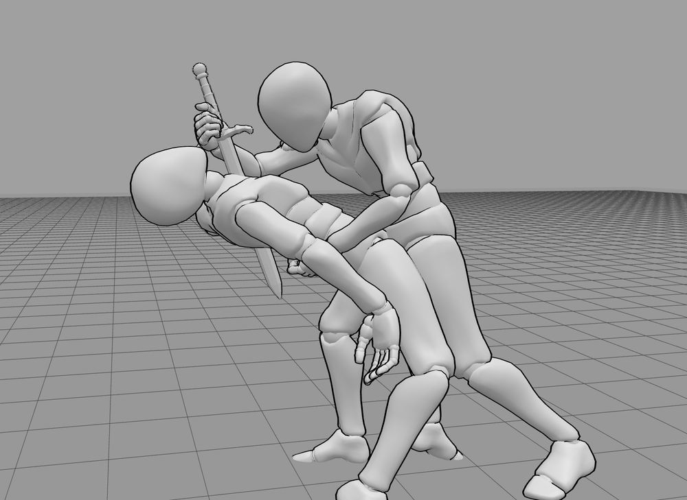 two figures in a posing programe replicating the stab from the video 