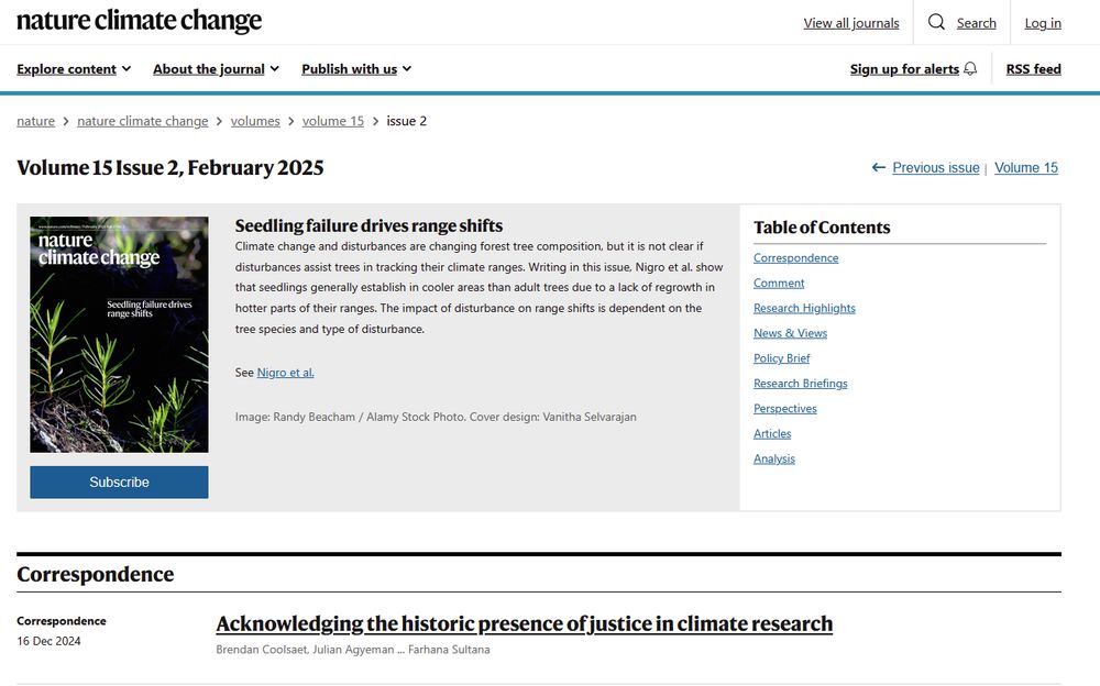 A screenshot of the webpage of the current issue of the scientific journal Nature Climate Change