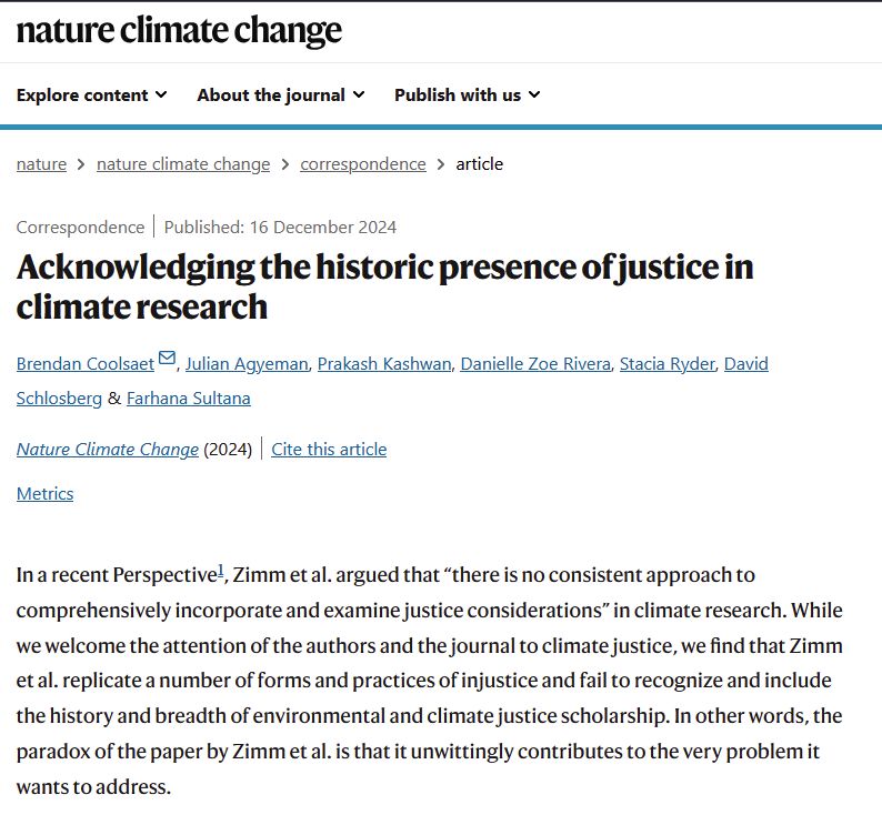 A screenshot of the article "Acknowledging the historic presence of justice in climate research" on the website of the scientific journal Nature Climate Change