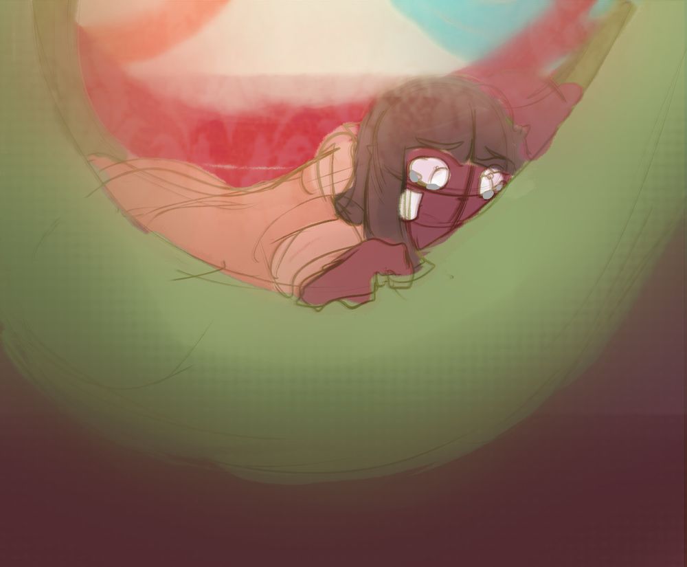 Das cores quase semelhantes do tritadaltonismo, se passa um cenario com varias redes de multiplas cores atras,  um oc personagen indigena yanomami (sem suas pinturas corporais), deitado  em sua rede verde totalmente triste, sereno, com uma camisola de sepo amarelo castanho crocante