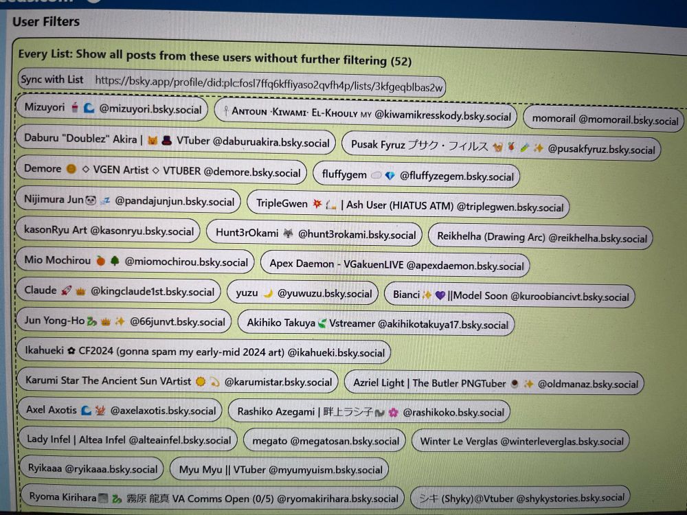 A crude photograph of the list of VTubers in the BlueSky Malaysian VTuber list as of 17 October 2024 18:28 Malaysia Standard Time (UTC+8).