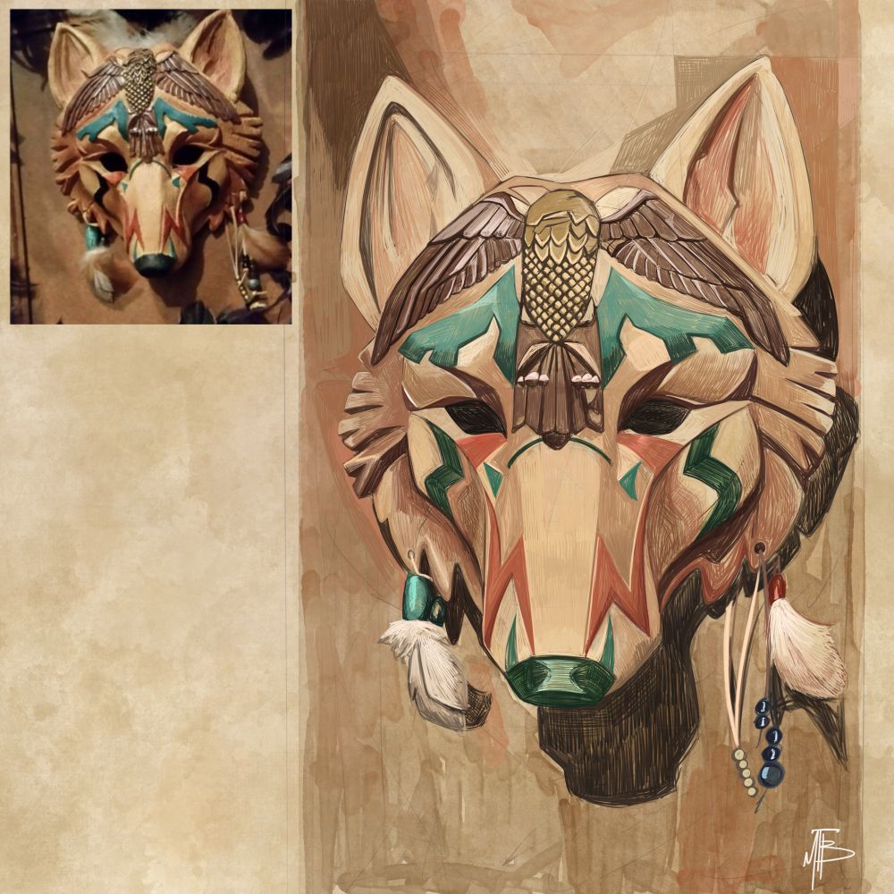 A portrait of a wooden mask shaped like the head of a wolf. The reference picture is shown of the top left corner of the image.