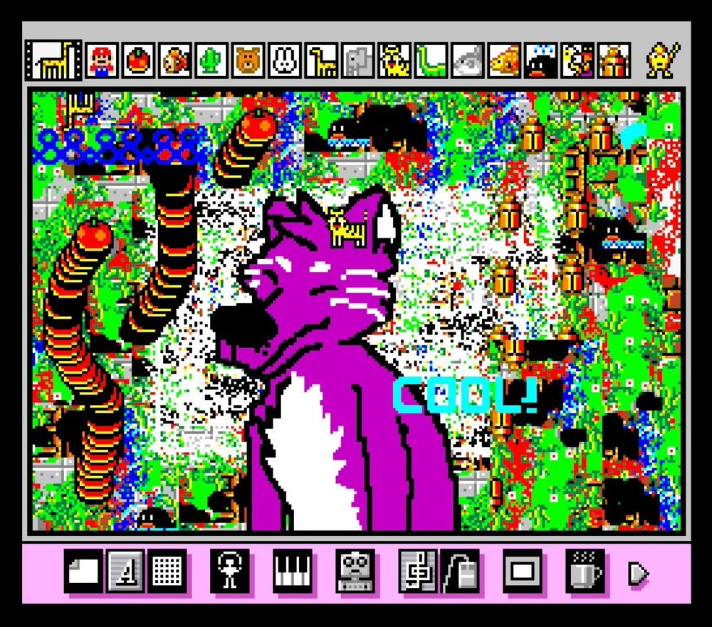 a chaotic mario paint drawing of some kind of purple animal with white markings