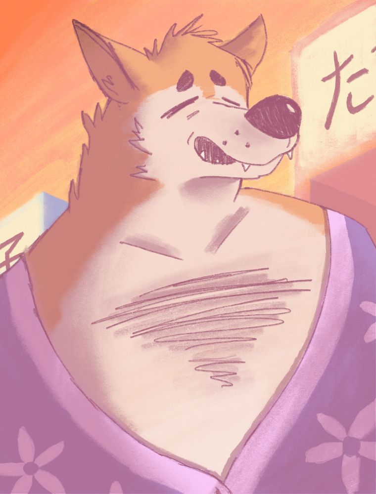 digital drawing of a canine with a big schnoz, wearing a yukata at a summer festival in japan