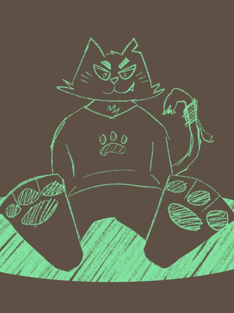 a stylized digital drawing of an anthropomorphic cartoon cat with a mischievous expression, sitting on the ground with his footpaws extended toward the viewer